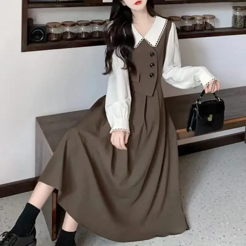 Women Dresses 2026 patchwork fake two-piece long-sleeved baby collar high quality design autumn elegant long dress vestidoes