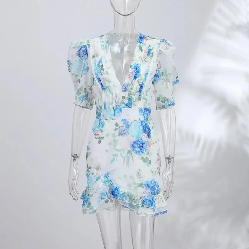 Satin Floral Print Maxi Dress Puffed Sleeve Halter Neck Waist Cinched 2026 Summer Vacation Women Vestido Fashion Chic Lady Gown