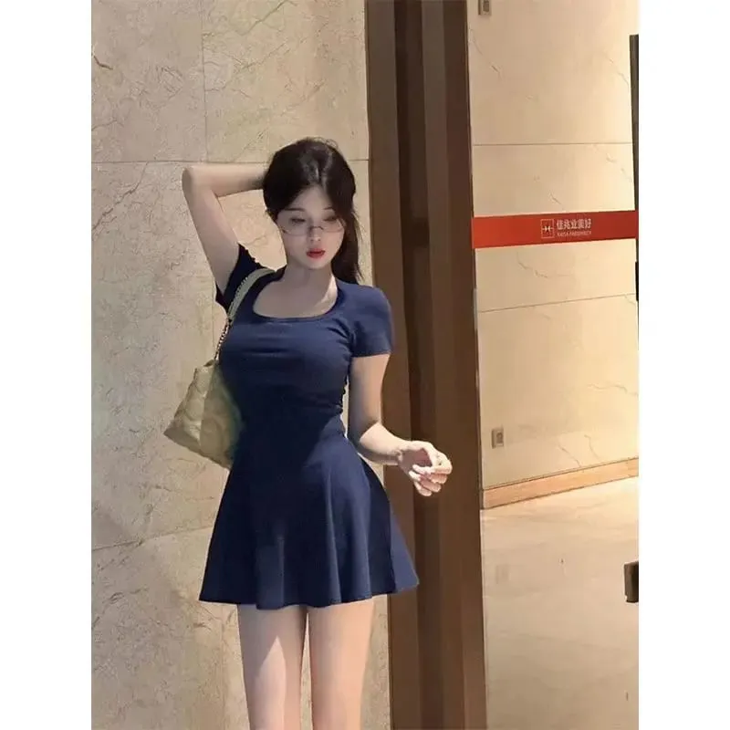 Summer Korean Style New Pure Desire Waist Trimming Slimming Fashion Temperament A Line Mini Dress For Petite Women Daily Wear Va