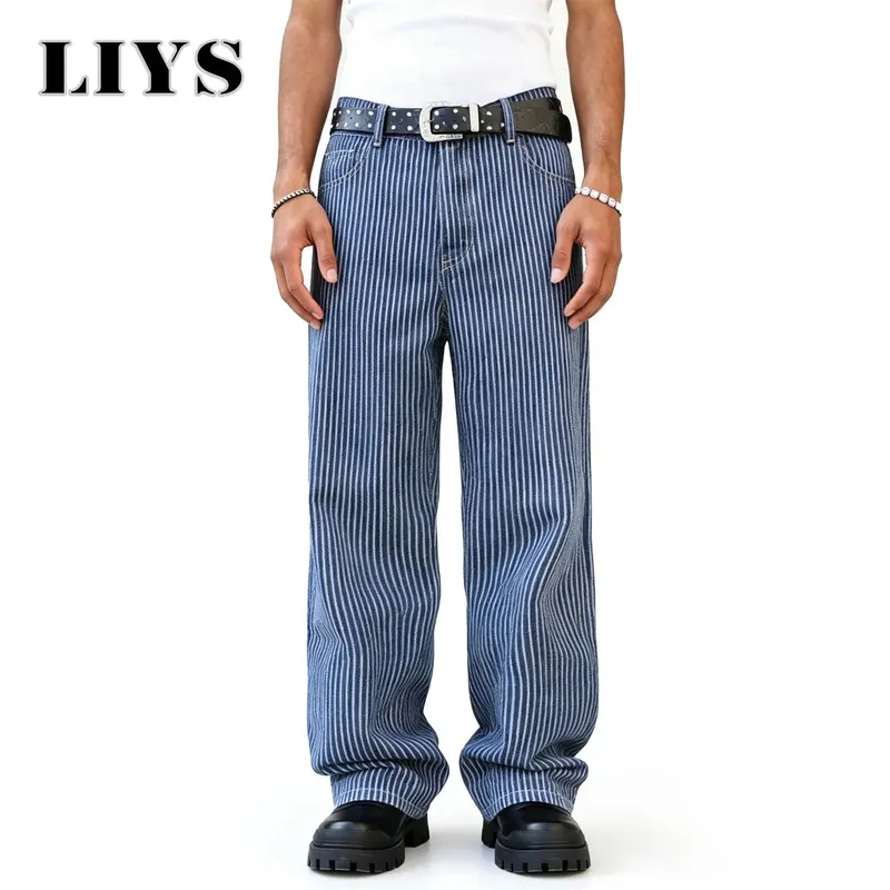 Men's American Fashion Brand Classic Retro Striped High Street Casual Lazy Business Wide Leg Straight Leg Jeans Oversized