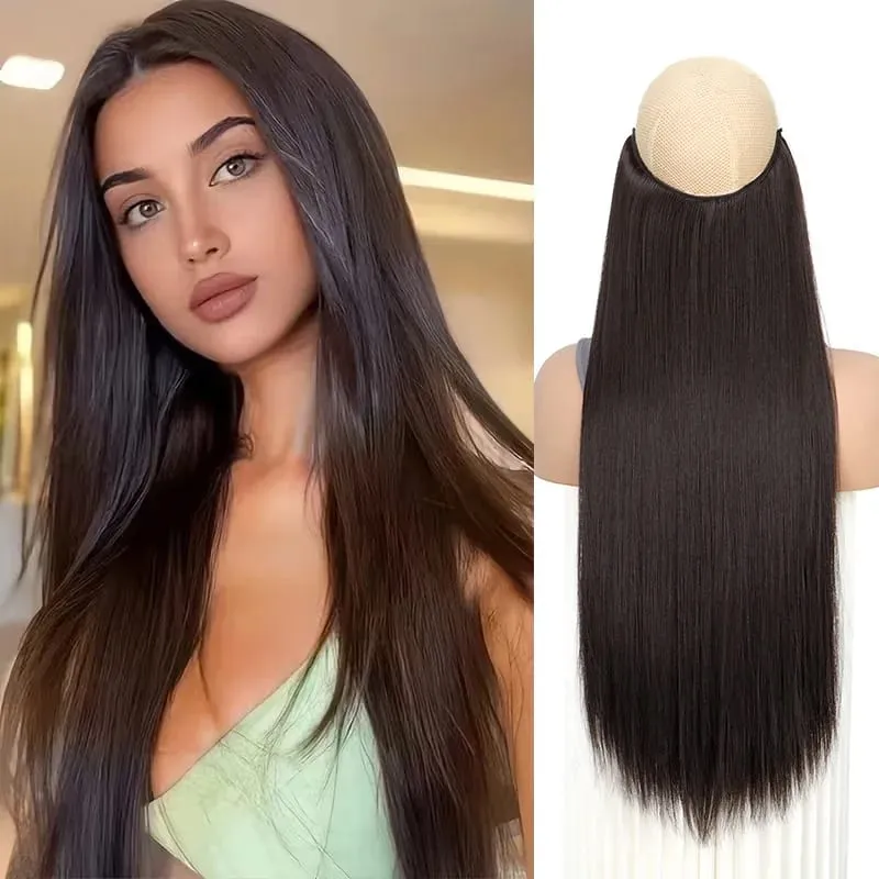 24Inch Synthetic Long Straight Hair Extension Invisible Fishing Line Heat Resistant Hairpiece for Women Daily Use