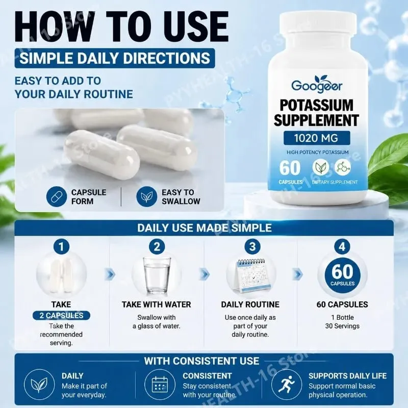 Googeer Potassium Capsules 1020 Mg High Potency Potassium Level Support Mineral Intake Gap Fill Bioavailability 60 Capsules