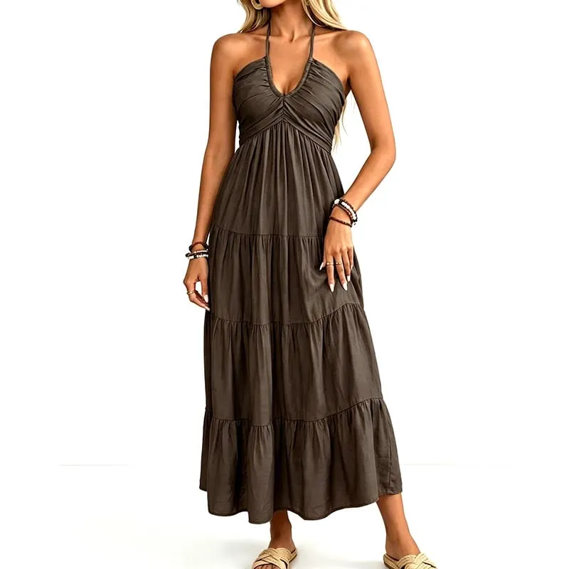 Women Summer Halter Long Maxi Dress Sleeveless V‑Neck Tiered Ruffle Sundress Casual Loose Flowy Beach Vacation Long Dresses