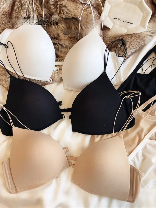 French Front Buckle Women Underwear Sexy Hollow Push Up Bra Set Summer Thin Cup Backless Bralette Fine Shoulder Strap Lingerie