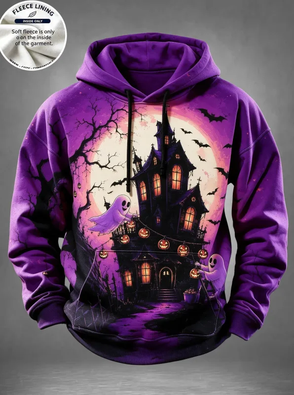 Čeština: Halloween Haunted House Duch dýňový netopýr s potiskem Mikina s kapucí pro muže s fleecovou podšívkou mikina POD Neformální svetr s dlouhým rukávem