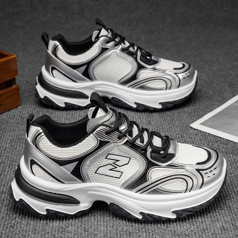 Retro Chunky Dad Sneakers för män | Metallic Silver Platform löparskor