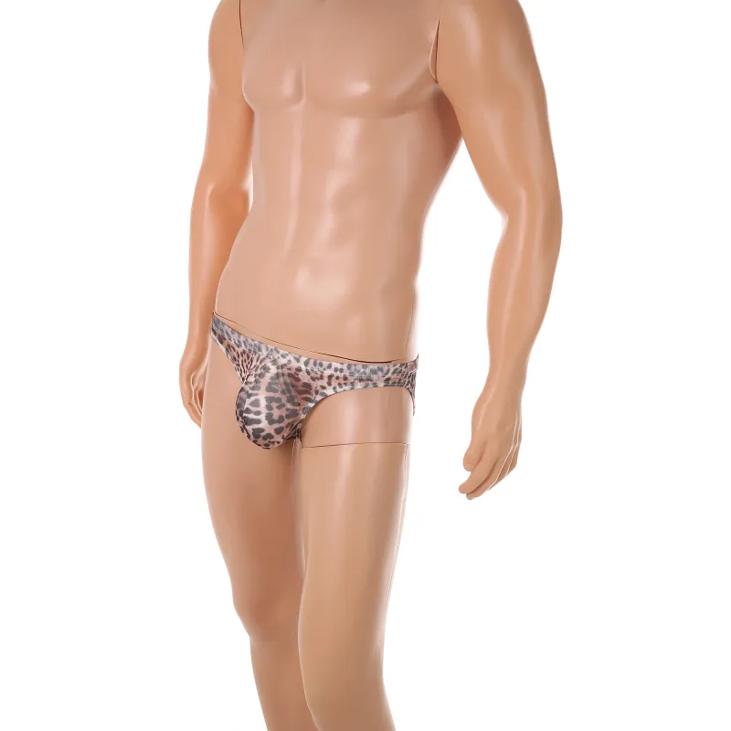Men Sexy Briefs Underwear Mesh Sheer Ultra-Thin Underpants Big Penis Pouch See Through Panties Leopard Bikini