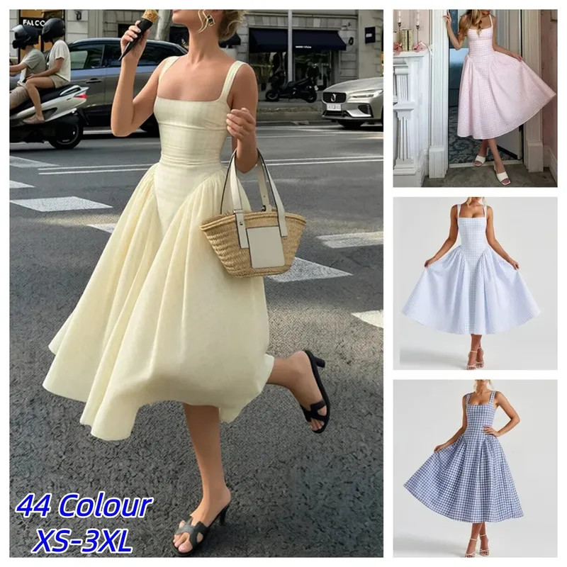 Plaid Printed Spaghetti Strap Sexy A-line Dress Women 2026 Elegant Summer Dress Backless Party Midi Dress Vestidos
