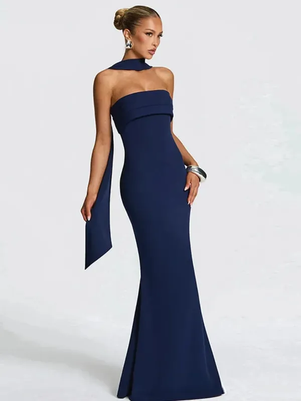 Mozision Off-shoulder Strapless Sexy Maxi Dress Women Gown Scarf Collar Sleeveless Backless Bodycon Club Party Evening Dresses