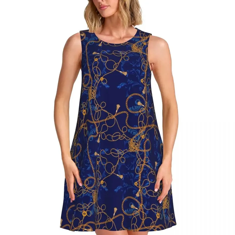 Gold Chain Casual Dress Vintage Print Korean Fashion Dresses Sleeveless Cute Dress Cheap Crew Neck Female Print Clothes