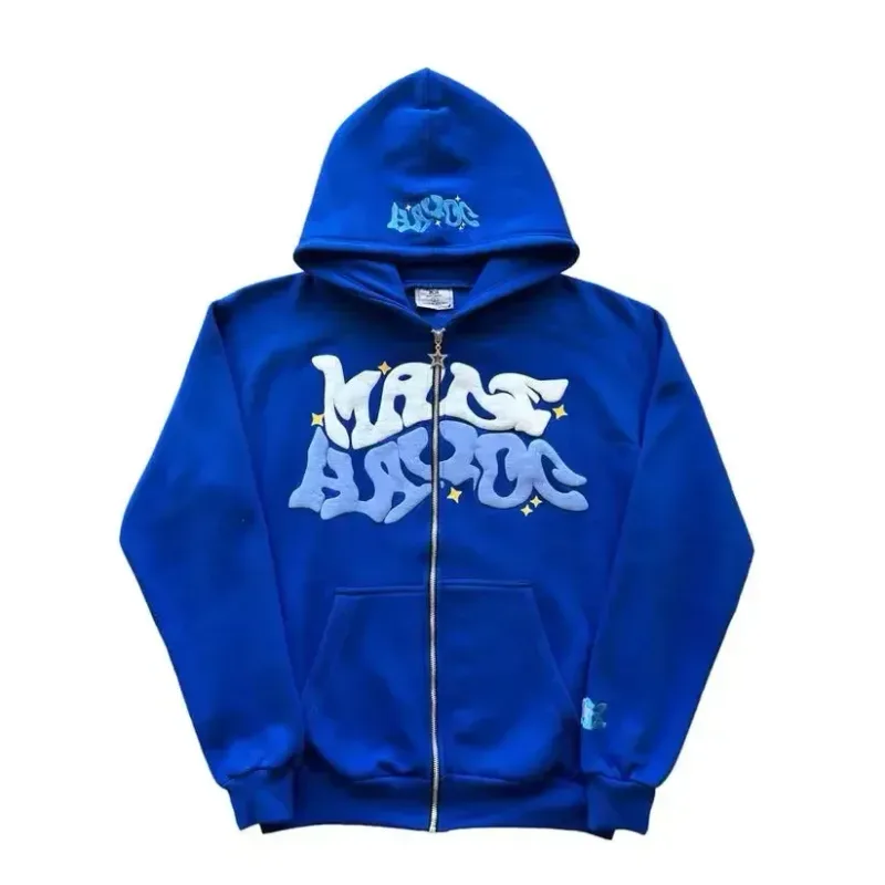 Men's Retro American Letter Zipper Printed Hooded Sweatshirt Unisex Autumn and Winter Open Cardigan