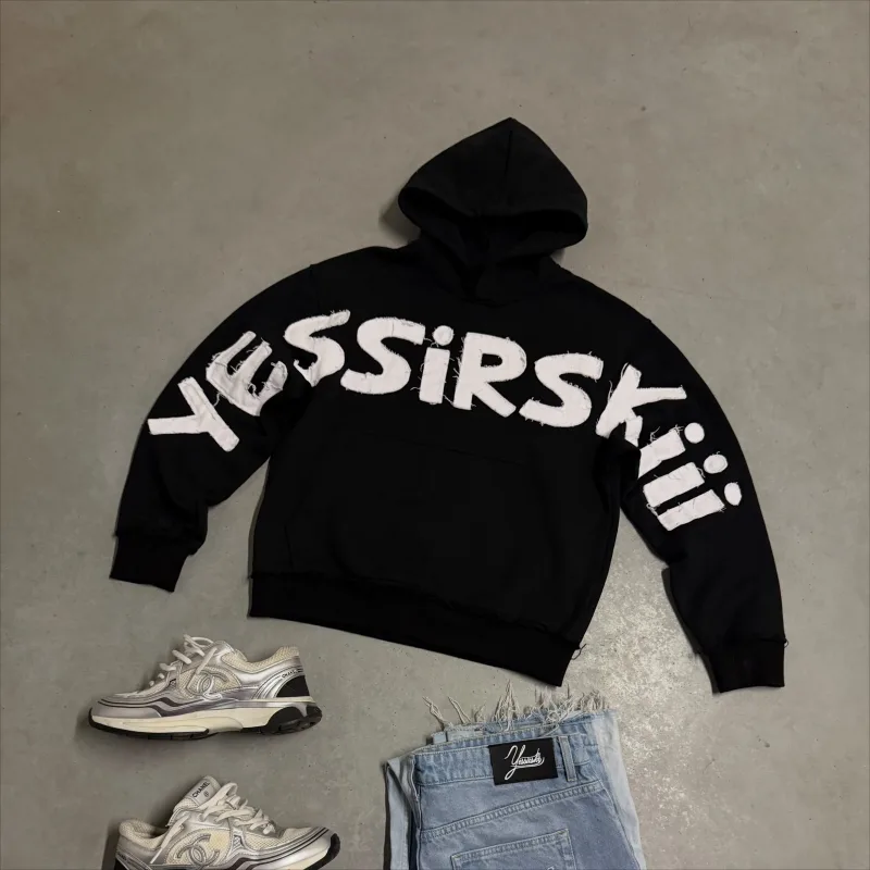 Y2K Men Oversized Hoodie Frayed Raw Edge Patch Letter Print Pullover Hooded Sweatshirt Multi Color Hip Hop Streetwear Hoodies