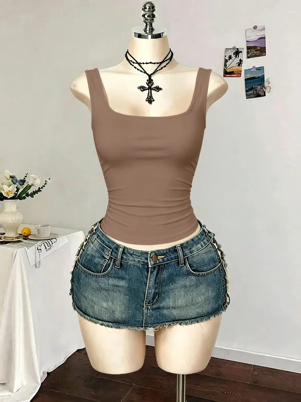 Women Square Neck Wide Strap Ribbed Tank Top Sleeveless Fitted Slim Casual Cami Top