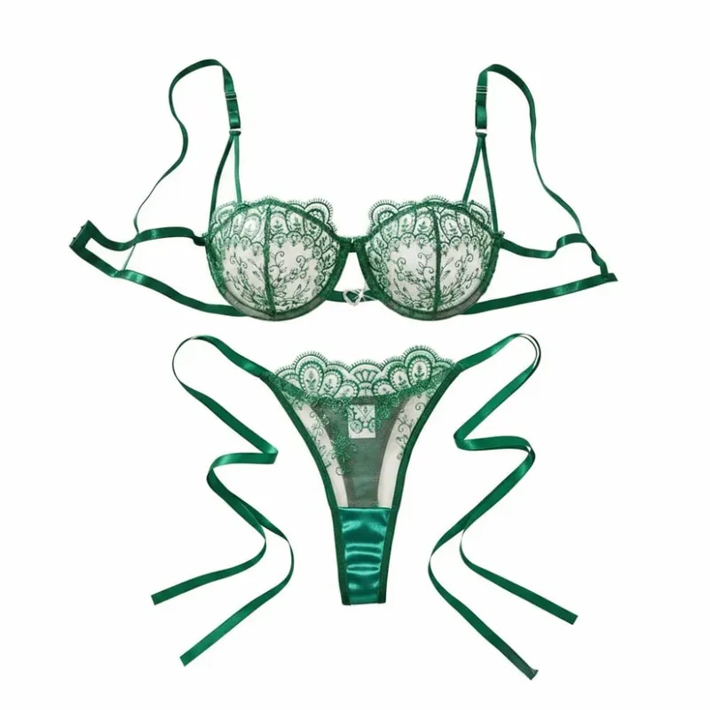 Bohemia Floral Embroidery Lace Lingerie Set Lace-up Mesh Transparent Thong Bra Suit Ultra-thin Hollowed-out Underwear Sets Lady
