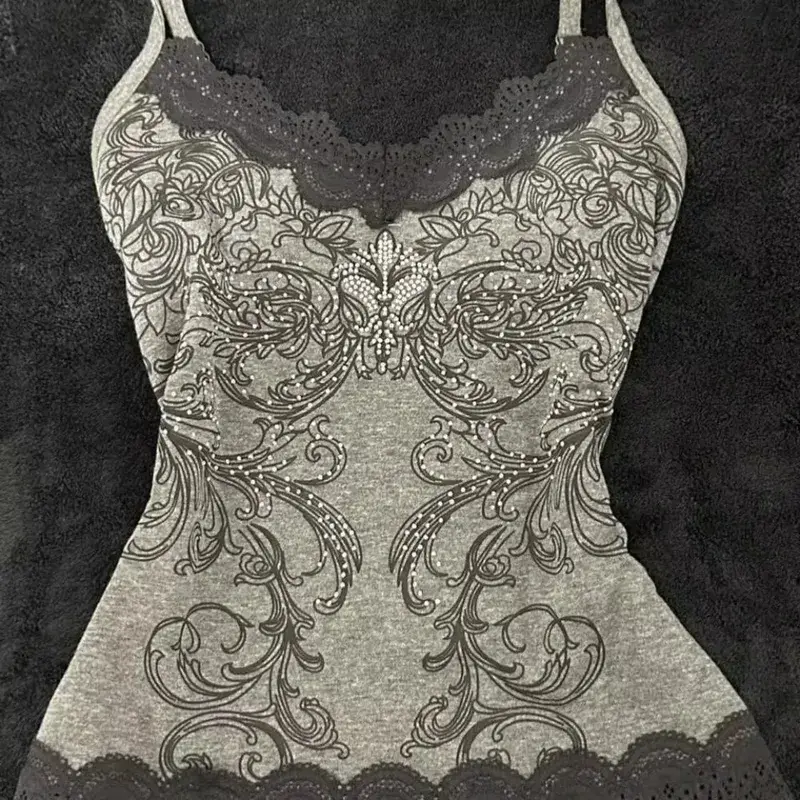 Punk Hottie Vintage Diamonds Print Camisole Vest Women American Sexy Outerwear Slim Patchwork Lace Tanks Gothic Y2k Crop Tops