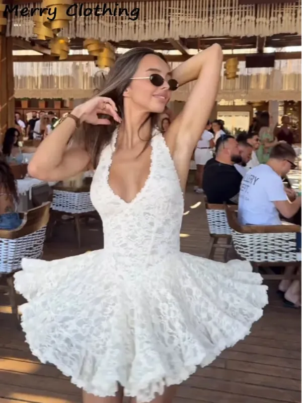 V Neck Halter Lace Mini Skirt Women Fashion Waist Cinched A Line Dress Backless Sleeveless Short Vestidos Summer Lady Dresses