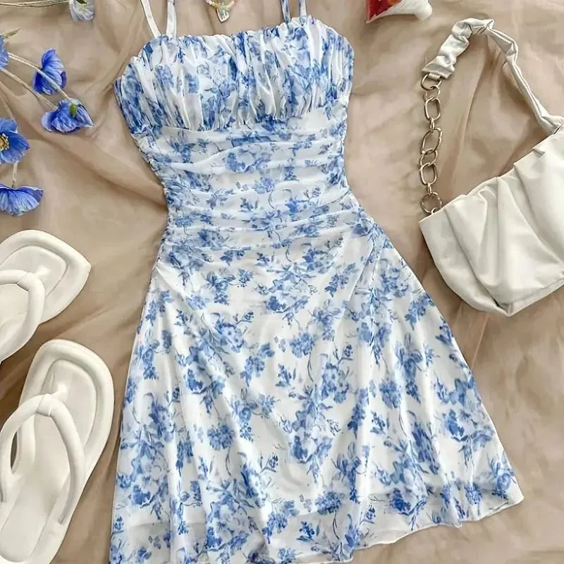 Verão feminino elegante floral mini vestido moda dobra cintura alta magro a linha vestidos senhora sexy sem costas cinta de espaguete vestido de verão