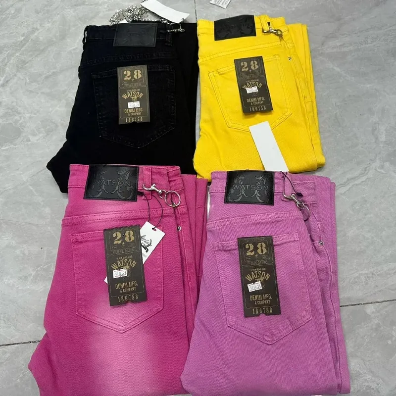 2026 Men's Multi-Pocket High Street Quality Slim Fit Skinny Long Denim Flared Men Yellow Red Pink Jeans Pants