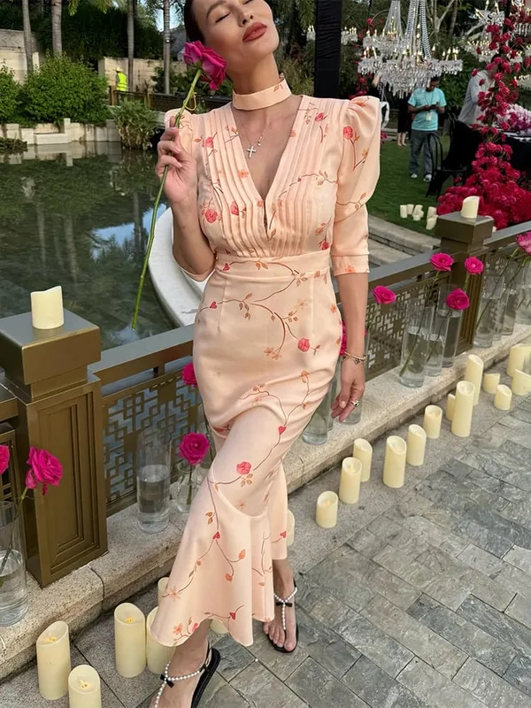 Trendix Elegant ดอกไม้พิมพ์ชุด Maxi ผู้หญิงเอวสูง Patchwork ชุดเดรสแขนสั้นเซ็กซี่ลึก V คอชุดราตรีหรูหรา