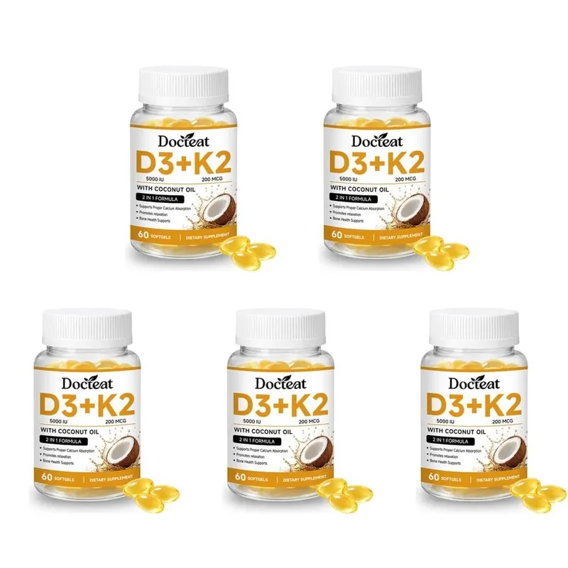 Docteat Vitamin D3+K2 Softgels with Coconut Oil Vitamin D3 Vitamin K2 Calcium Absorption Bone Health for Men Women 60 Softgels