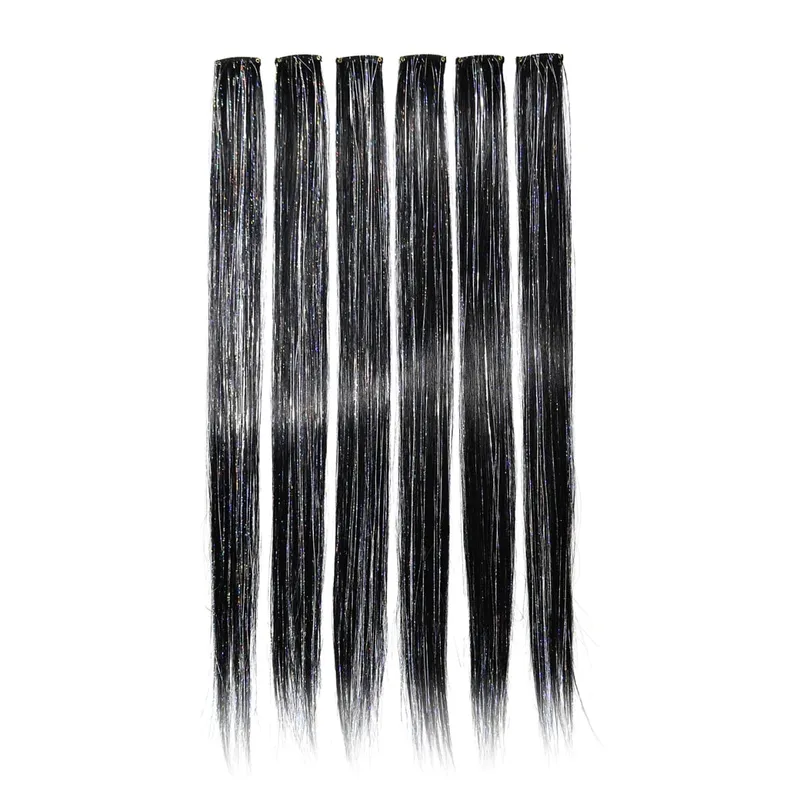 Synthetic 6pcs Clip in Hot Pink Hair Extensions Mix tinsels 22 Inch Colored Hair Extensions 2 in 1 Rainbow Hair