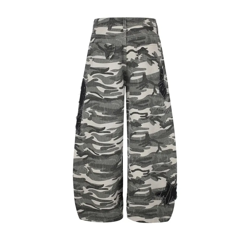 2026 American High Street Vibe Camouflage Jeans Men's Wide-Leg Bottom Spliced Patch Embroidery Loose Fit Trousers 17522