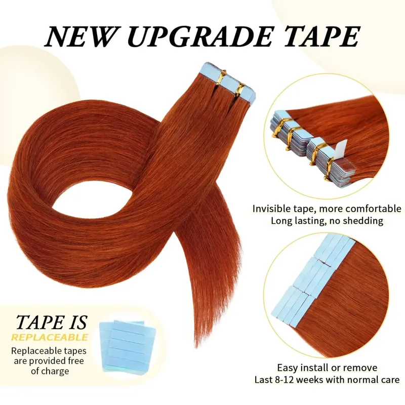 Doreen Copper Red Tape In Human Hair Extensions 16 to 22 Inch 50g/set PU Seamless Skin Weft 350# Colored Hair Extensions Tape in