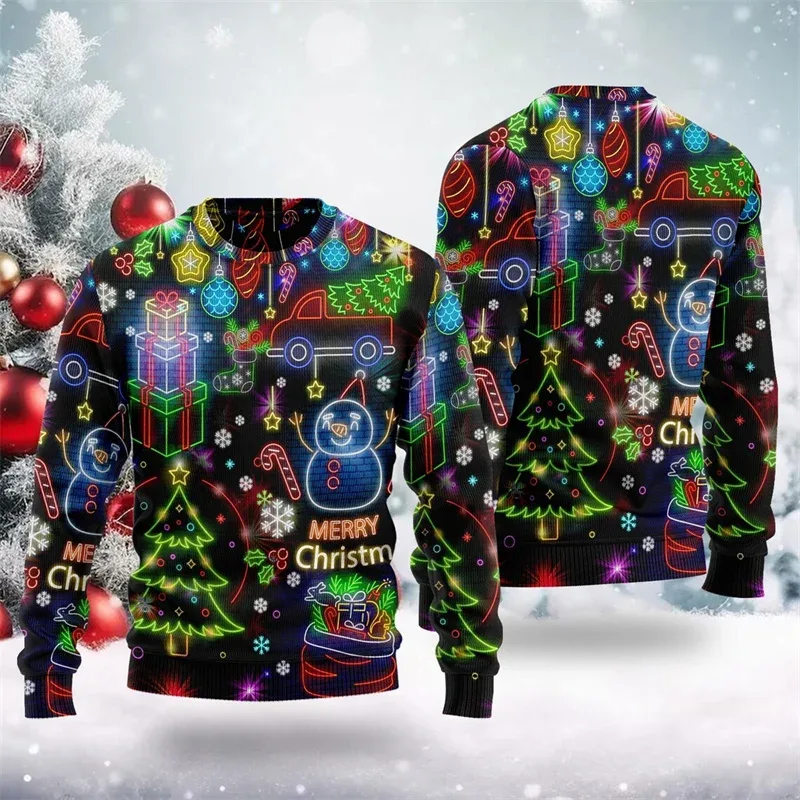 2025 Hot Christmas Ugly Sweater Men Women 3D Print Neon Pattern Santa Pullover Sweatshirt Unique Xmas Clothes Party Sweatshirt