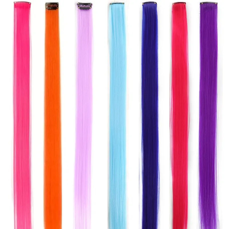 5PCS Long Straight Synthetic Purple Orange heat-resistant Hair Extensions Clip in 24 Inch Colored Party Highlights Hairpieces fo