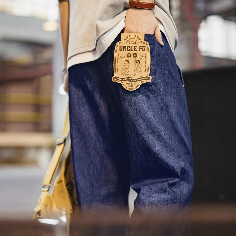Maden Men's Vintage Denim Jeans Washed Blue Lightweight Baggy Straight Wide Leg Zipper Casual Spring Summer Pants