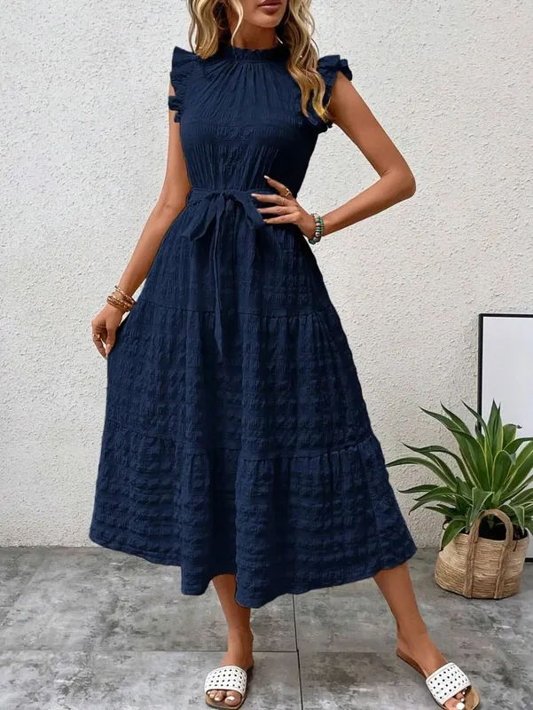 2026 Summer Fashion Flutter Sleeve Women Stand Collar Ruffles Solid Color Elegant Loose Long Dress Lace-up Texture Party Dresses