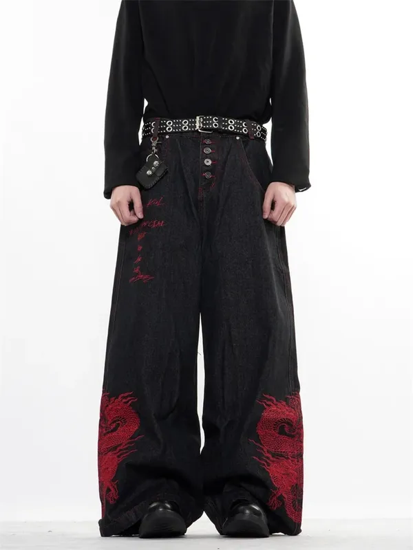 2026 New Side Red Dragon Embroidery Baggy Jeans For Men Y2K Streetwear Punk Fashion Denim Pantalones American Retro Hip Hop Jean