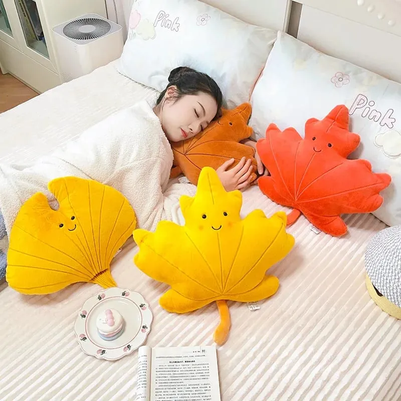 Smiling Face Maple Ginkgo Leaf Plush Pillow Stuffed Kawaii Plant Cushion Sofa Chair Decoration Gift