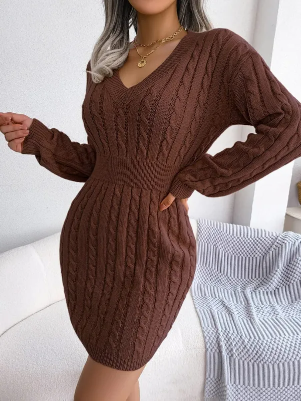 VigoCasey 2026 V Neck Casual Short Knit Dress Autumn Winter Women Solid Long Sleeve Dress Lady Khaki Bodycon Knitted Dresses — image 11