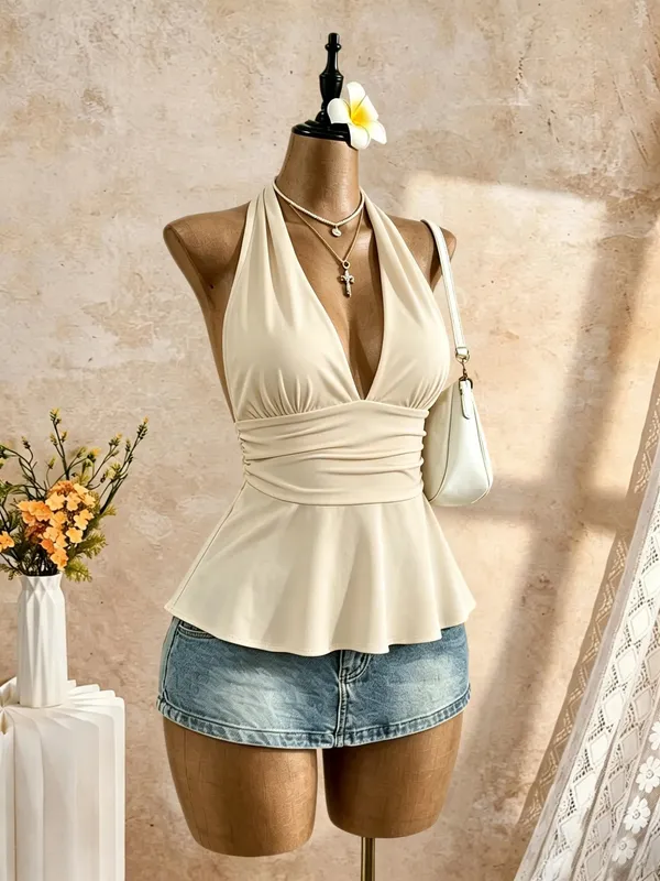 Women Halter Deep V Neck Sleeveless Peplum Tank Top Wrap Waist Ruched Flared Hem Slim Fit Y2K Cami Blouse
