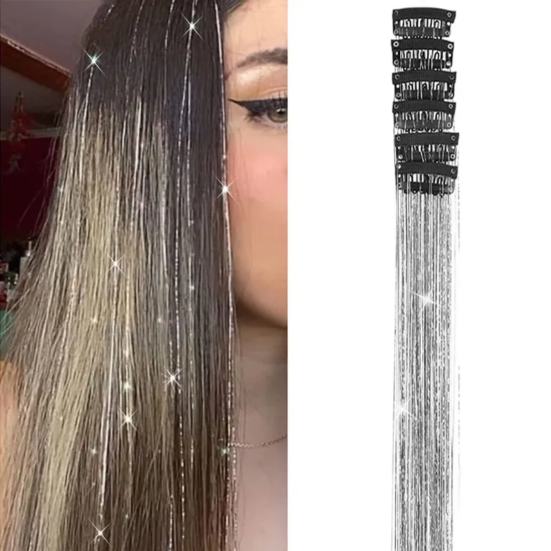 Hair Tinsel Pack of 6 Pcs Hair Tinsel Clip in Glitter Tinsel Hair Extensions Synthetic Hair Tinsel Kit Party Festival Fairy Hair