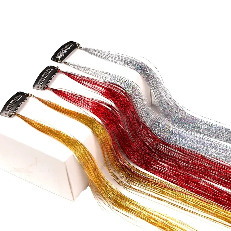 Multi-color Laser Wire Hair Extensions Shiny Tinsel Clip-in Hair Pieces Glitter Colored Hair Strands for Daily & Party Hairstyle