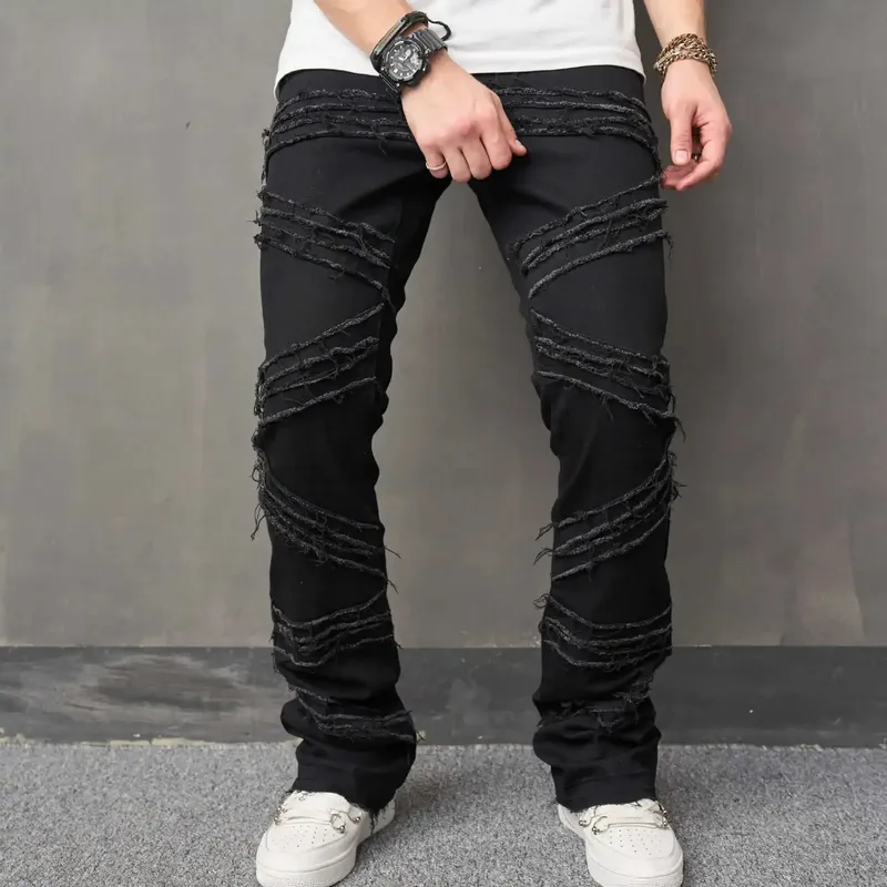 Gescheurde herenjeans Rekbaar denim Street chic Scheurend patchwork Gaten Gescheurd denim Losse casual broek Slim-fit rechte broek