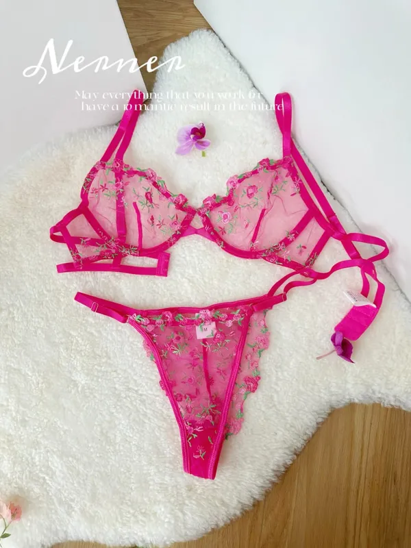 Korean Hot Lace Bra Set Floral Embroidery Transparent Mesh Ultra Thin Big Bust Modest Summer Ladies Daily Wear Underwear 32-38