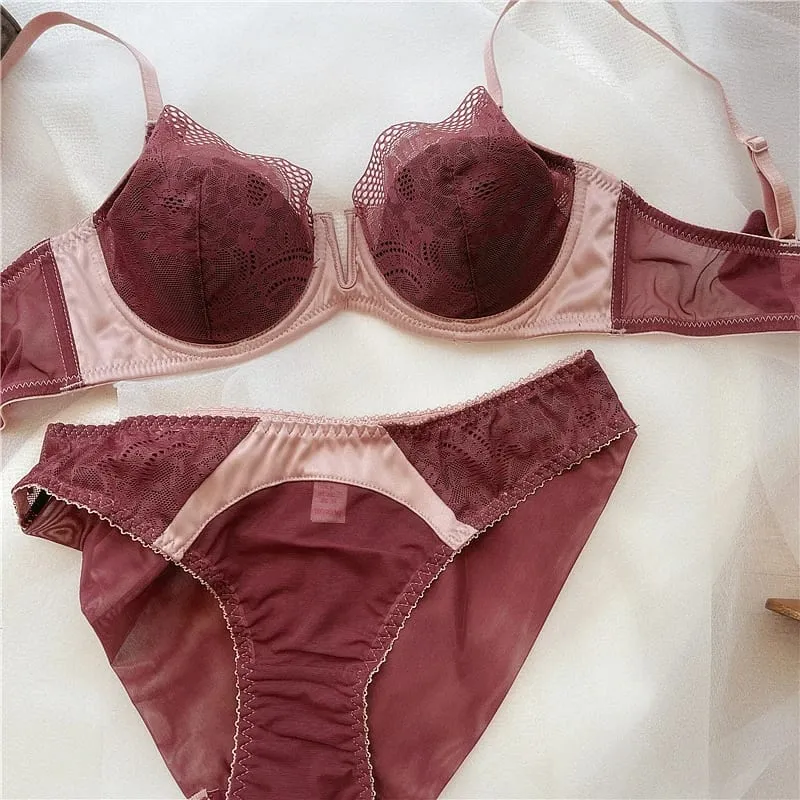 Summer Women Underwear Sexy Lace Deep V Push Up Bra Set Comfortable Underwie Bralette Female Plus Size Thin C D E Cup Lingerie