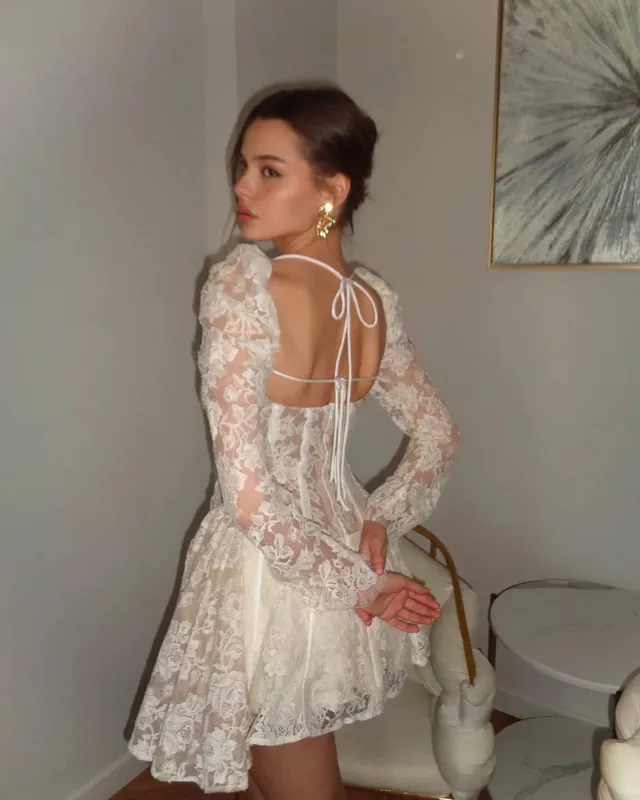 White Lace Lace-up Fishbone Mini Dress Women Chic Backless Full Sleeve See Through A-line Dresses 2026 Lady Evening Party Robe
