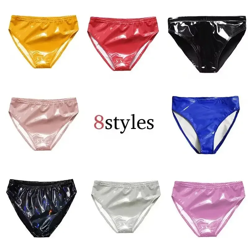 男士性感乳膠光面內褲內衣 Pvc 皮革內褲女式漆皮情趣內衣丁字褲娘娘腔內褲