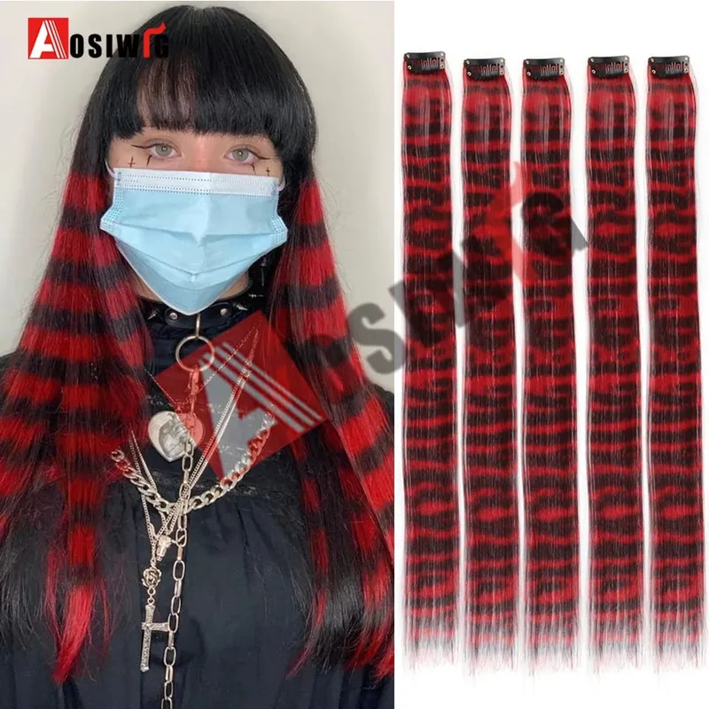 5PCS Long Straight Synthetic Purple Orange heat-resistant Hair Extensions Clip in 24 Inch Colored Party Highlights Hairpieces fo