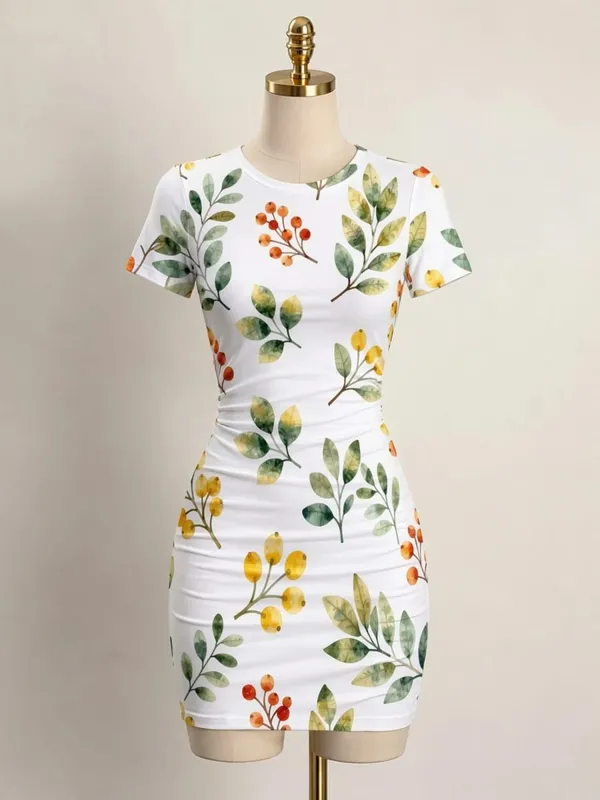 Womens Short Sleeve Bodycon Mini Dress Slim Fit Crew Neck Floral Print Casual Summer Party Cute Smooth Holiday Vacation Sundress