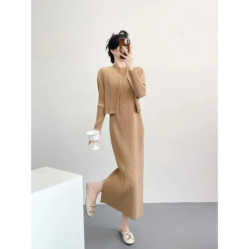 Miyake Pleated Dresses 2026 New Women's Long Sleeve Cardigan Jacket Round Neck Straight Long Dress Commuter Fashion Skirt Set