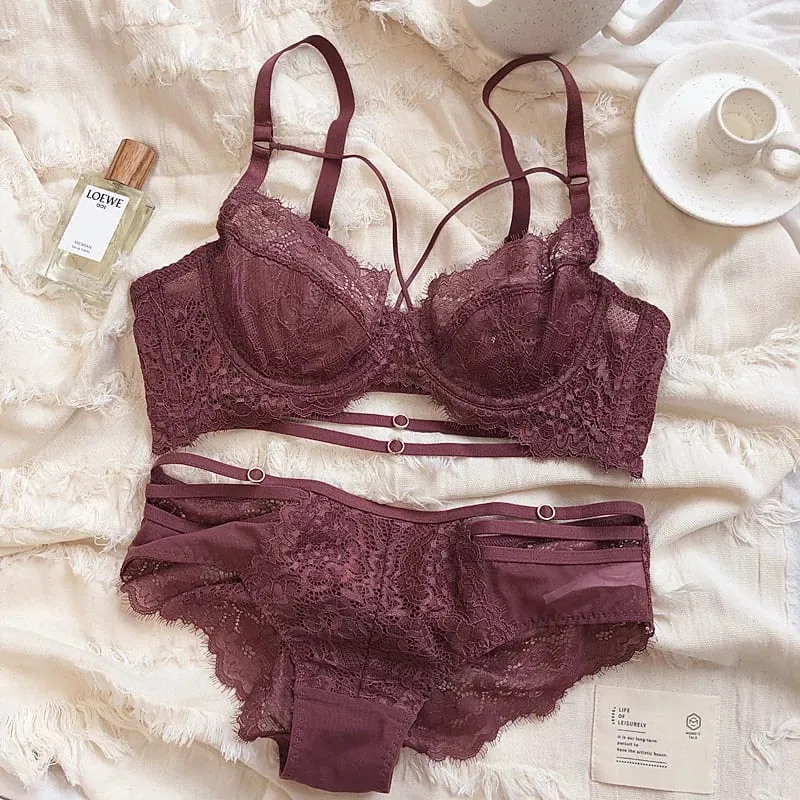 2 Pieces Sexy Hollow Push Up Bra Set French Lace Embroidery Underwear para sa mga Babae Summer Ultra Manipis Breathable Intimates Lingerie