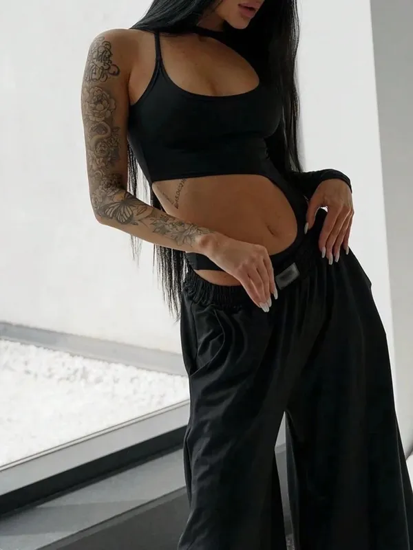2026 Summer New Slim Fit and Slimming Long Sleeved Jumpsuit Spicy Girl Sexy Hollow Neck Jumpsuit for Women