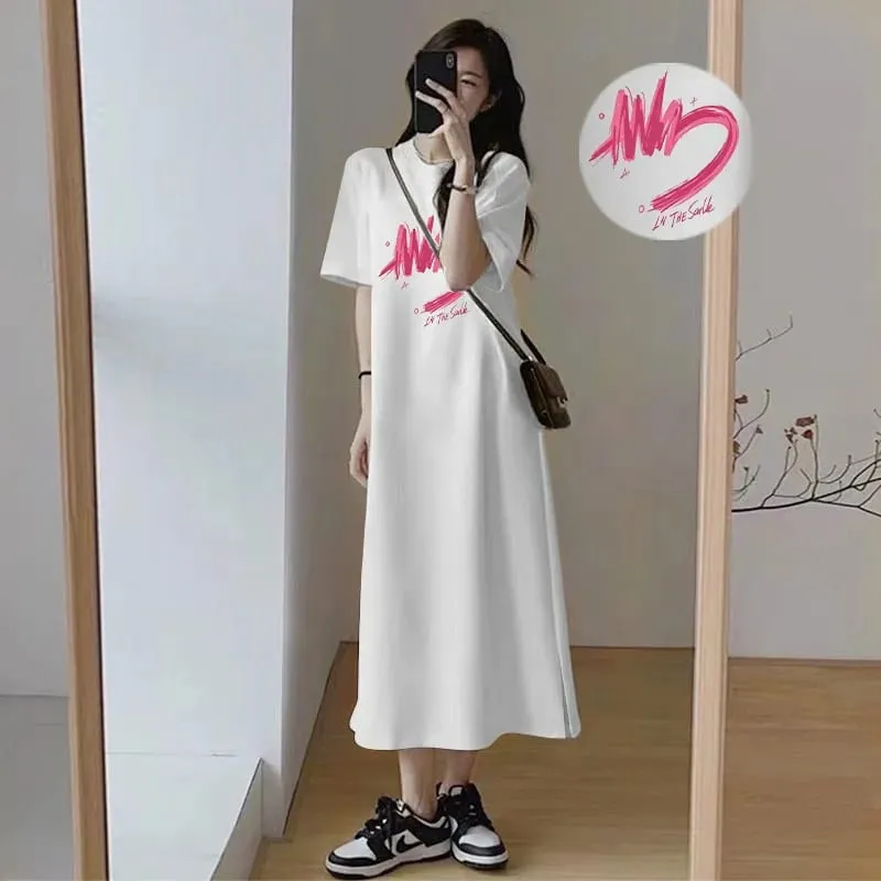 Women Summer Casual T‑Shirt Dress Short Sleeve Round Neck Letter Print Loose Long Maxi Dress Streetwear Oversized Sundress