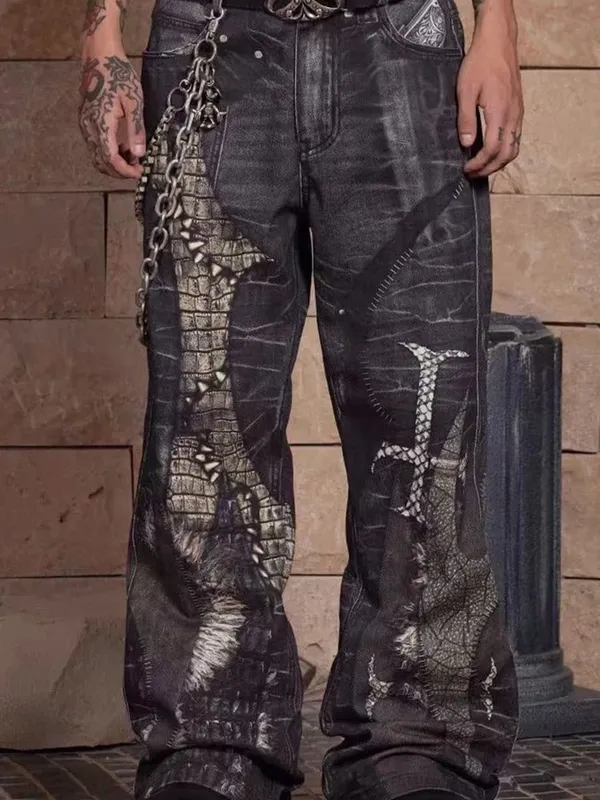 Men's Gothic Crocodile Snake Print Wide Leg Jeans Vintage Washed Denim Pants Streetwear Fashion Loose Straight Fit Trousers