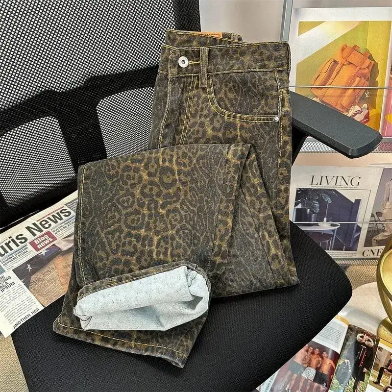 American Vintage High Street Men's Leopard Casual Trendy Loose Wide Leg Straight Denim Trousers Male Simple Basic Jeans Pants